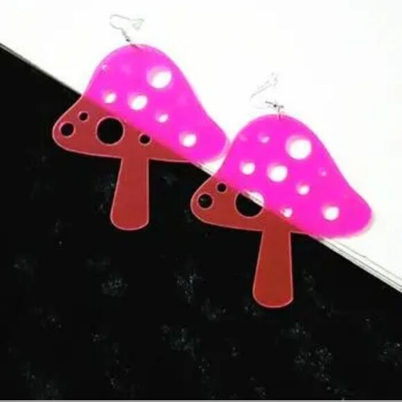 NWOT Oversize Neon pink Mushroom Earrings - Picture 1 of 2